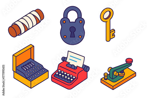 Cryptography Through Time. Isometric vector illustration set Cryptography History: ancient cipher, old lock, iron key, enigma