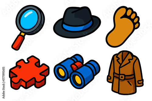 Sleuth Icon Set. Isometric vector illustration set Sleuth Icons: magnifying glass, black fedora, pressed footprint, puzzle clue