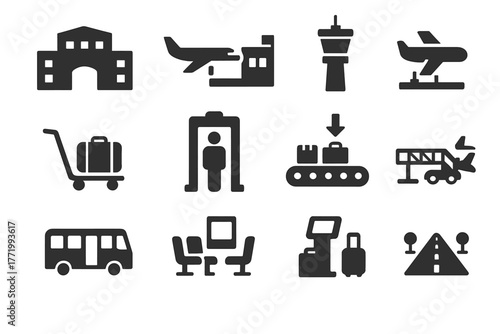 Airport Facility Icons. Solid style icons of airport facilities: terminal building, boarding gate, air traffic control tower,