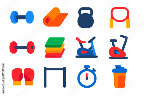 Fitness Equipment Icons. Flat vector icons of fitness equipment: dumbbells, yoga mat, kettlebell, jump rope, barbell, resistance