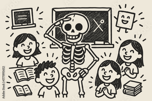 Playful Skeleton Classroom. A doodle illustration of a playful classroom skeleton pointing at its bregma, while smiling students,