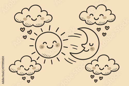 Celestial Chase Delight. A doodle illustration of a happy sun and moon chasing each other widdershins in the sky, while clouds