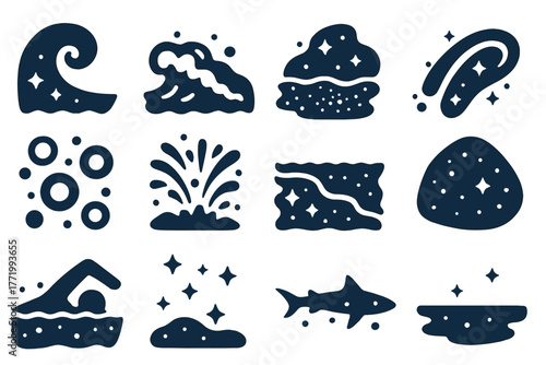 Glow of Phosphorescent Tide. Solid style icons of Phosphorescent tide: glowing wave crest, foamy surf, luminous sand, light trail