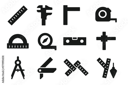 Measuring Instruments Icons. Solid style icons of measuring instruments: ruler, caliper, square, tape measure, protractor, angle