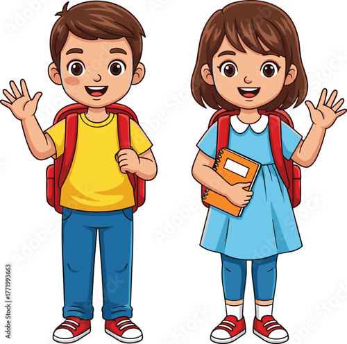 Cartoon school children waving, smiling students with backpacks, educational illustration, friendly pose, book holding, classroom theme, learning concept, vector art