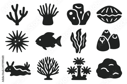 Coral Reef Icons. Solid style icons of coral reef life: coral branch, sea anemone, sponge, clam, sea urchin, reef fish, kelp,