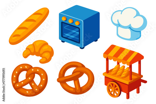 Street Bakery Icons. Isometric vector illustration set Street Bakery: fresh baguette, mini croissant, compact oven, baker’s hat,