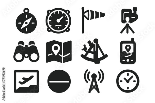 Aviation Navigation Icons. Solid style icons of aerial navigation: compass, altimeter, wind sock, telescope, binoculars, map,