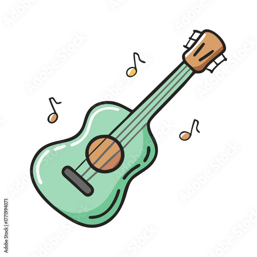 Vector illustration of a light green acoustic guitar with musical notes