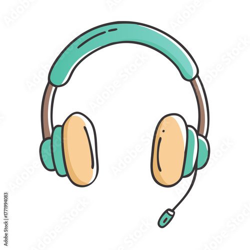Vector illustration of teal headphones with orange earcups and microphone