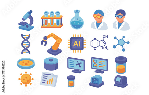 Colorful science and technology icons featuring laboratory equipment and ai elements