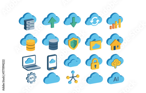 Cloud computing isometric icons collection for data storage and security themes