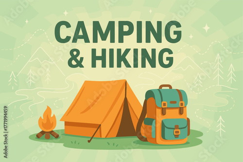 Outdoor adventure camping gear with tent and backpack in nature scene