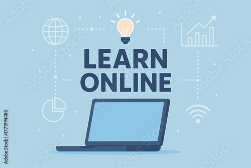 Flat design online learning concept with laptop and digital icons