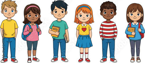 Diverse cartoon children standing, school kids illustration, friendly expressions, colorful outfits, educational concept, student group, classroom diversity, vector art, learning theme