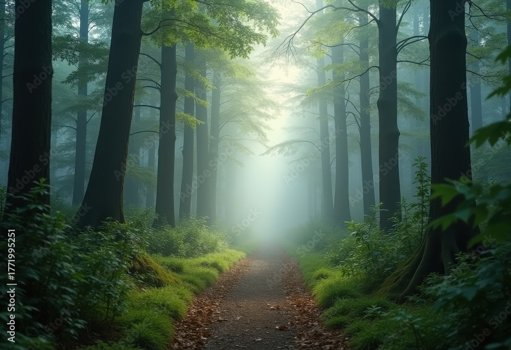 Obraz premium Enchanting Misty Forest Path Towering Trees Tranquil Wilderness Inviting Nature Scene