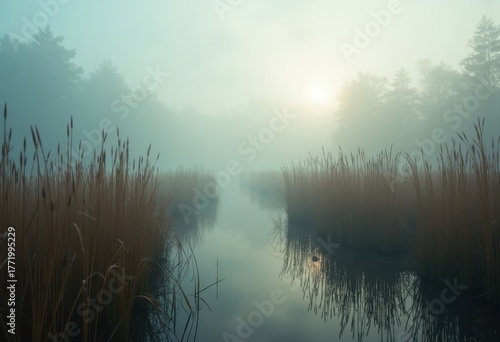Enchanted Foggy Marshland Immersive Cattail Haven Mysterious Ambiance Serene Swathes