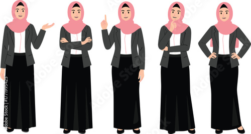 Muslim businesswoman character set, hijab professional poses, corporate attire illustration, confident female gestures, workplace diversity, Islamic fashion, vector art