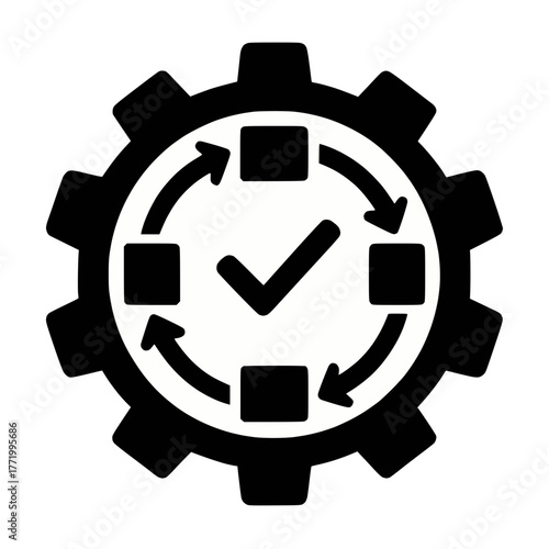 Workflow Gear Silhouette with Perimeter Steps and Central Checkmark on White Background