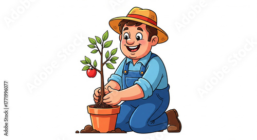 Agricultor sorridente plantando uma árvore frutífera no vaso.