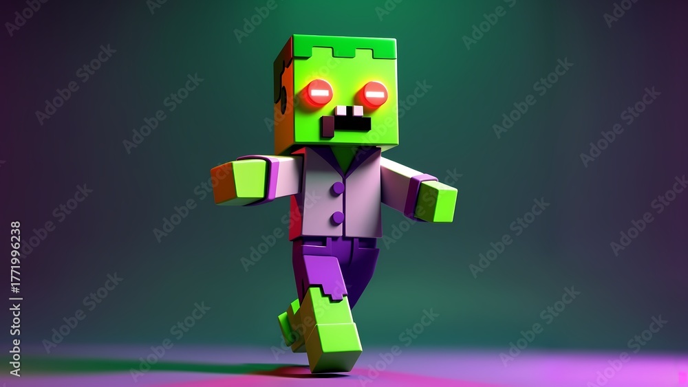 Obraz premium A colorful lego robot standing on a purple surface.