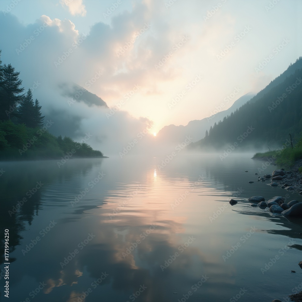Fototapeta premium Serene Riverside Fog Dawn Landscape Tranquil Nature Reflection Morning Calm Rippling Water