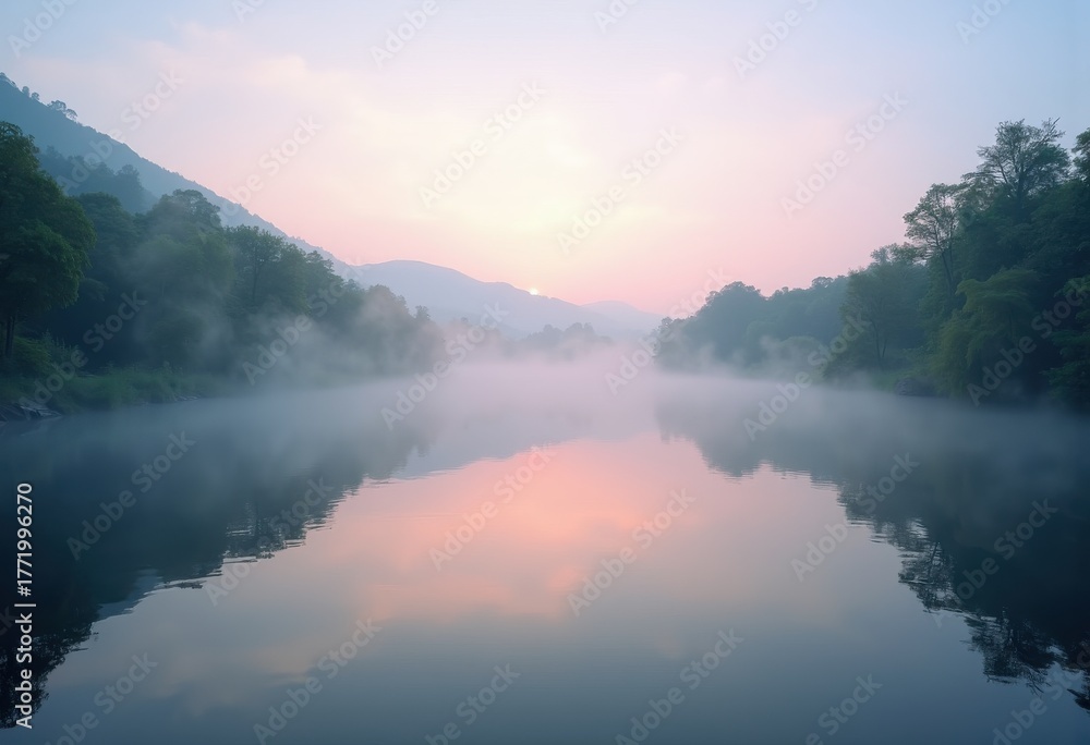 Fototapeta premium Serene Riverside Fog Dawn Tranquil Water Reflection Misty Nature Scene Aesthetic Calmness Morning Quiet