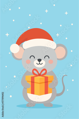 Cute Christmas Mouse Holding Gift Box in Modern Flat Design