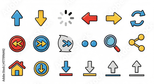 Conjunto de ícones. Seta, lupa e casa. Ilustração Fundo branco.
