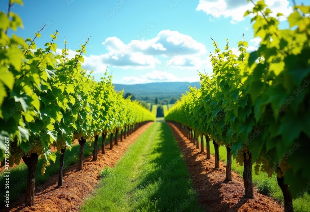 Naklejka premium Vibrant Lush Vineyard Rows Under Bright Summer Skies with Leafy Vines and Rich Green Foliage