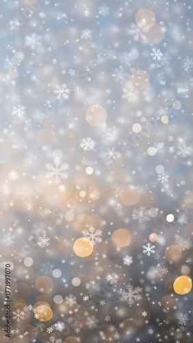 Snowflake bokeh winter background with golden lights