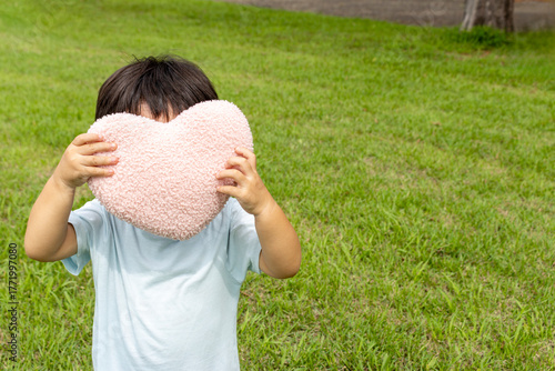 ハートのクッションを持って草原に立つ男の子（2歳、日本人、顔無し）