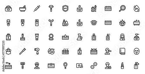 Skin Care icon set. Minimal vector icons pack. Inclues moisturizer, syringe, fcial roller, UV protection cream, aloe vera, spa, ace, makeup brushes and more Editable stroke.