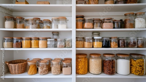 Wallpaper Mural Neatly organized pantry shelves filled with glass jars of grains spices and dried fruits in cozy kitchen setting with copy space for culinary storage concept Torontodigital.ca
