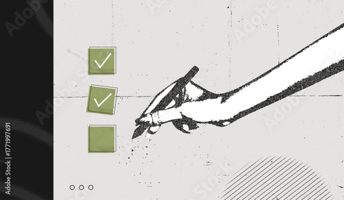 Trendy Halftone Stipple Collage Hand with pen and check list. Organized task processing. Completed to do list banner. Project plan. Grunge and vintage. Vector illustration art