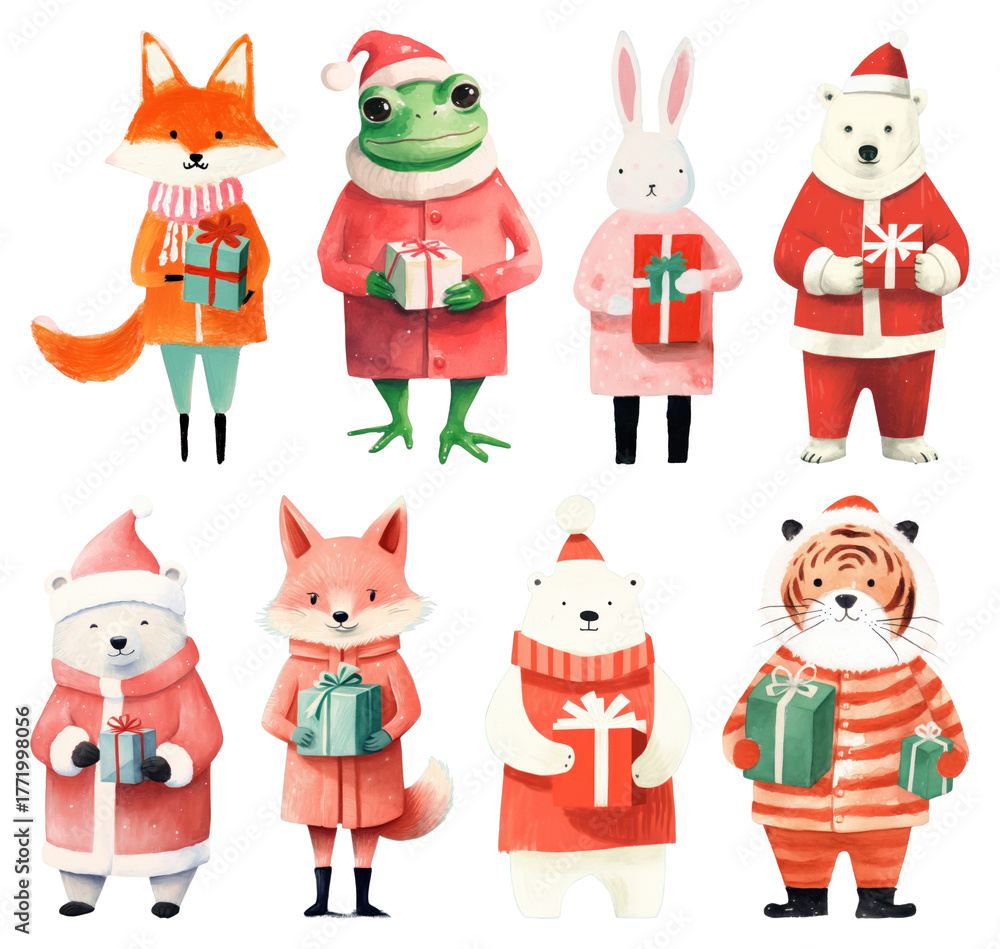 Fototapeta premium PNG Festive animals with holiday gifts, element set on transparent background