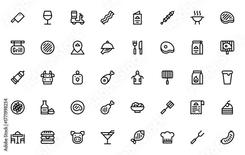 Grill Restaurant icon set. Vector illustration. Incldes symbols for steak, burer, chef, menu, beer, skewr, cutlery and more. Editale stroke.