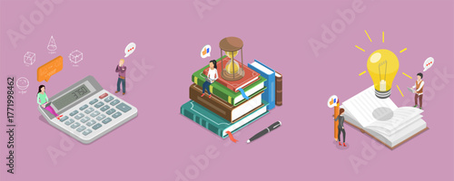 3D Isometric Flat Vector Illustration of Research And Analysis, Learning Activities