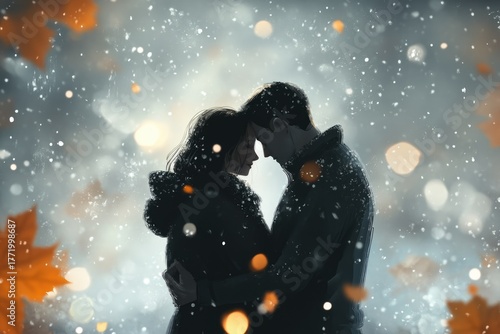 A couple's intimate embrace under falling snow, illuminated by bokeh lights and autumn leaves. A tender, magical winter romance scene.