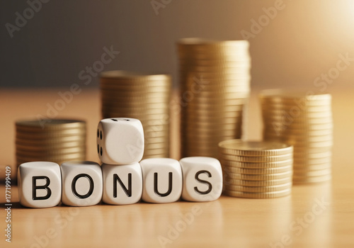 Bonus concept with dice spelling the word and stacks of coins in the background