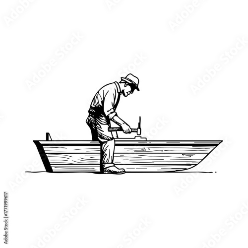 Craftsman shaping wooden boat hull, symbolizing traditional shipbuilding, craftsmanship, and dedication to marine work.