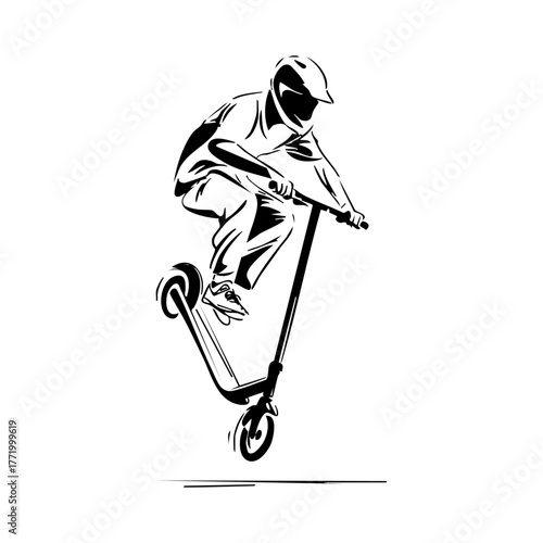 Man performing a tailwhip trick on a stunt scooter, representing extreme sports, balance, and urban street lifestyle.
