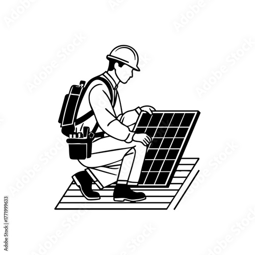 Technician installing a solar panel on a rooftop, symbolizing renewable energy and sustainable technology.