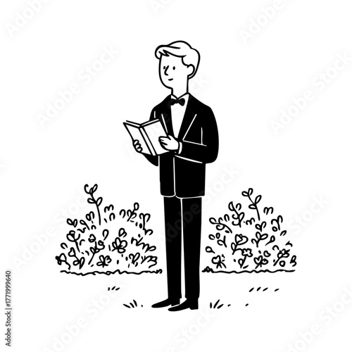 Man in formal suit reading from a book in a garden, representing a wedding officiant or master of ceremonies at an outdoor event.