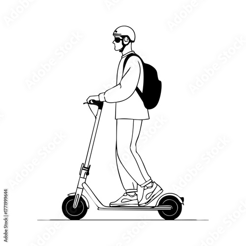 Person commuting on an electric scooter wearing a helmet and backpack, symbolizing eco-friendly city transport and modern mobility.