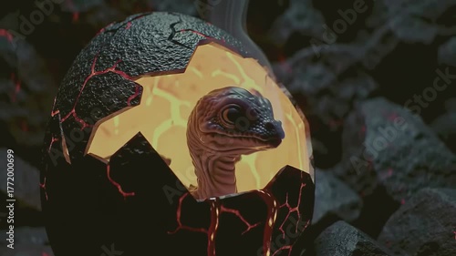 Animated Dragon Hatching from Cracked Egg Amidst Volcanic Rocks and Smoke