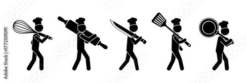 Stickman chefs walking with kitchen utensils illustration set.