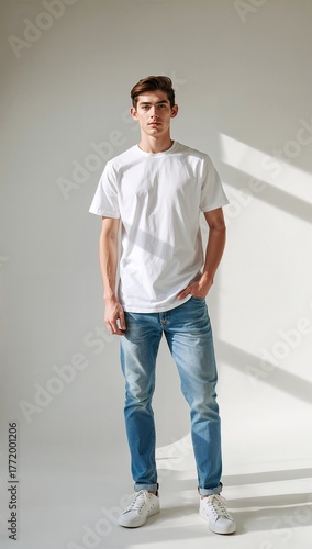 Casual young man wearing white t-shirt and jeans standing in natural light. Generative AI