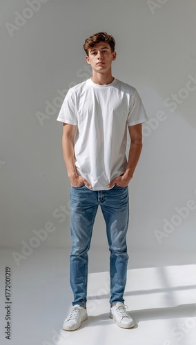 Casual young man wearing white t-shirt and jeans standing in natural light. Generative AI