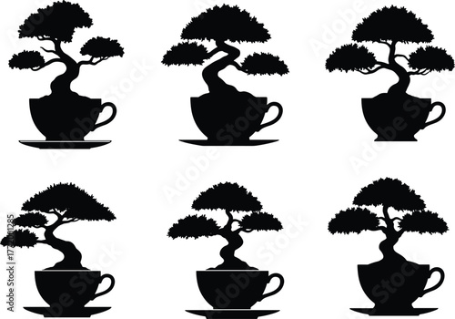 Bonsai tree silhouette, tea cup bonsai art, nature design, zen meditation plant, vector illustration, minimal tree artwork, oriental harmony